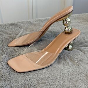 NWOT a new day Nude Clear Strap Mules with Gold Sculpted Heel